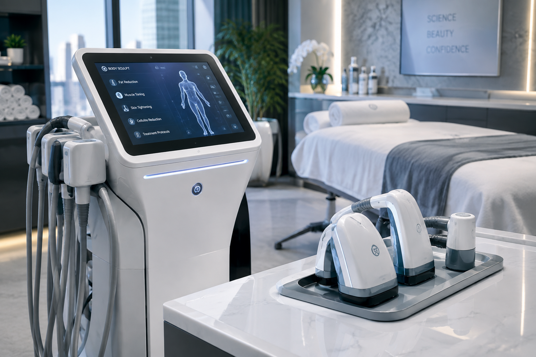 White body sculpting machine with touchscreen and applicators beside a treatment bed in a modern med spa