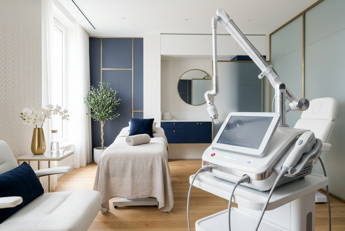 Aesthetic treatment device with handpieces on a rolling cart beside a treatment bed in a modern med spa room
