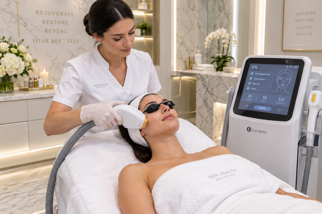 Aesthetic technician performing an IPL photofacial on a client in an upscale Arizona med spa
