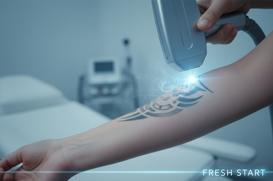 Laser tattoo removal treatment fading ink on a client's forearm at a tattoo shop