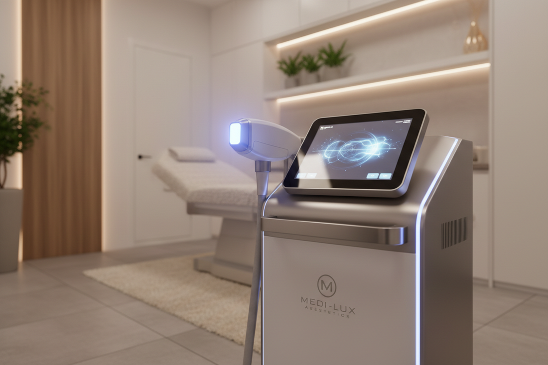 Cosmetic laser machines in an Arizona med spa treatment room including diode and Nd:YAG systems from Get Lasers Direct 2026