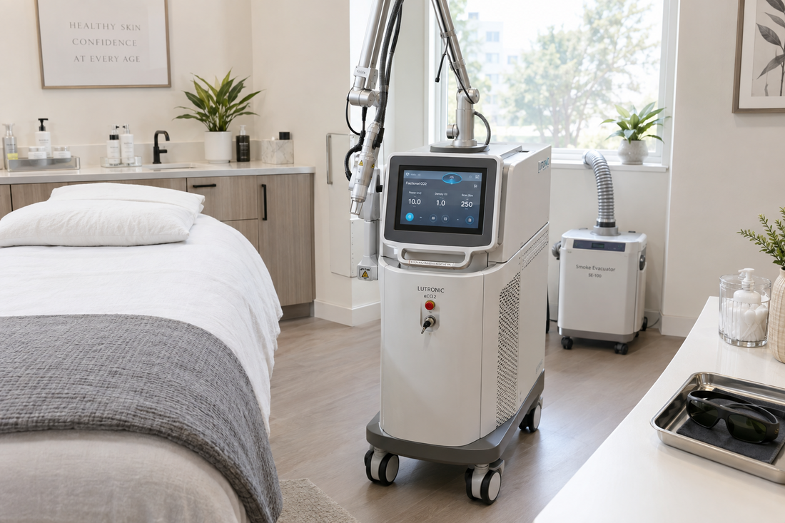 Fractional CO2 laser system with articulated arm in a med spa treatment room