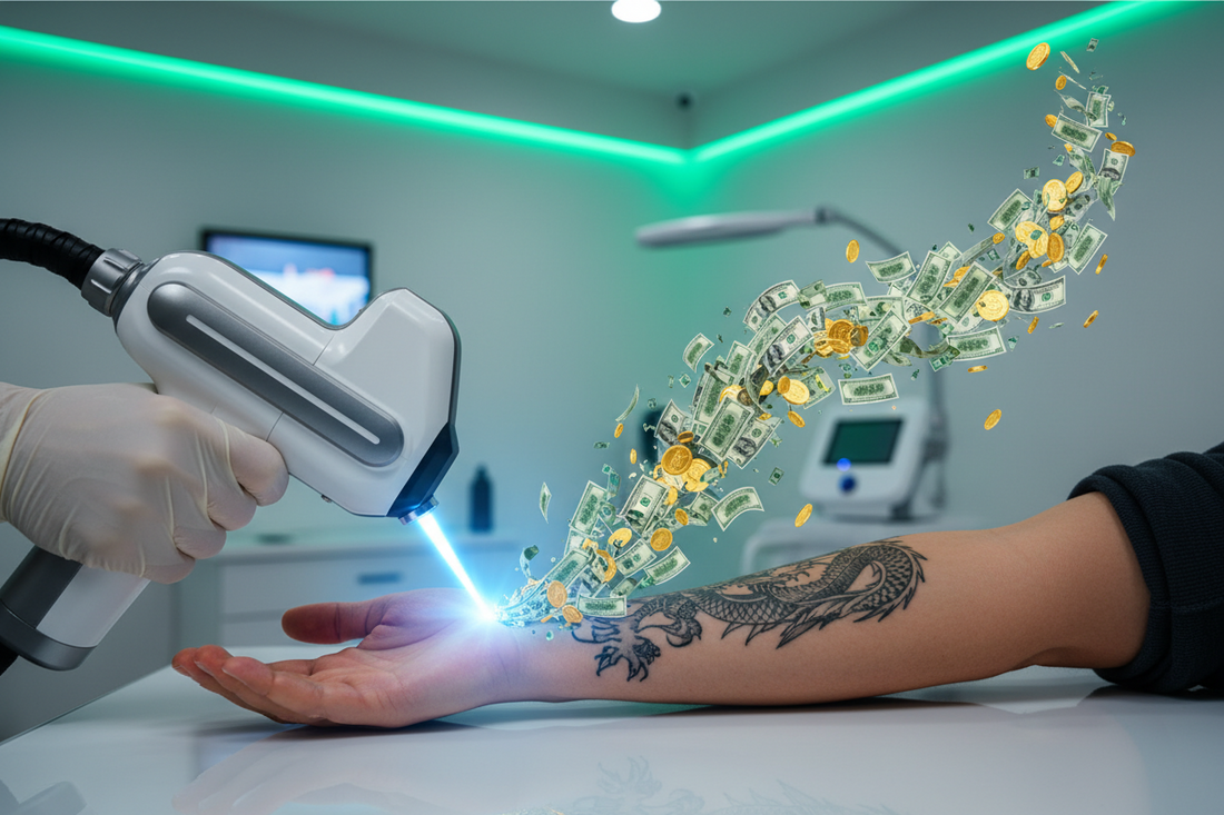 Laser tattoo removal in progress on a forearm tattoo using a professional picosecond laser handpiece